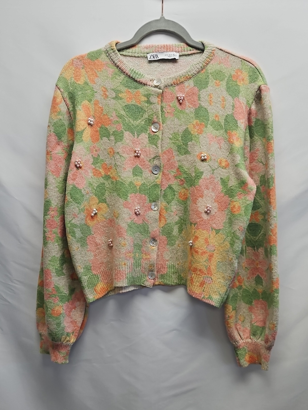 Zara Knit Floral Beaded Cardigan Sweater Womens M Pastel Green Pink Cottagecore